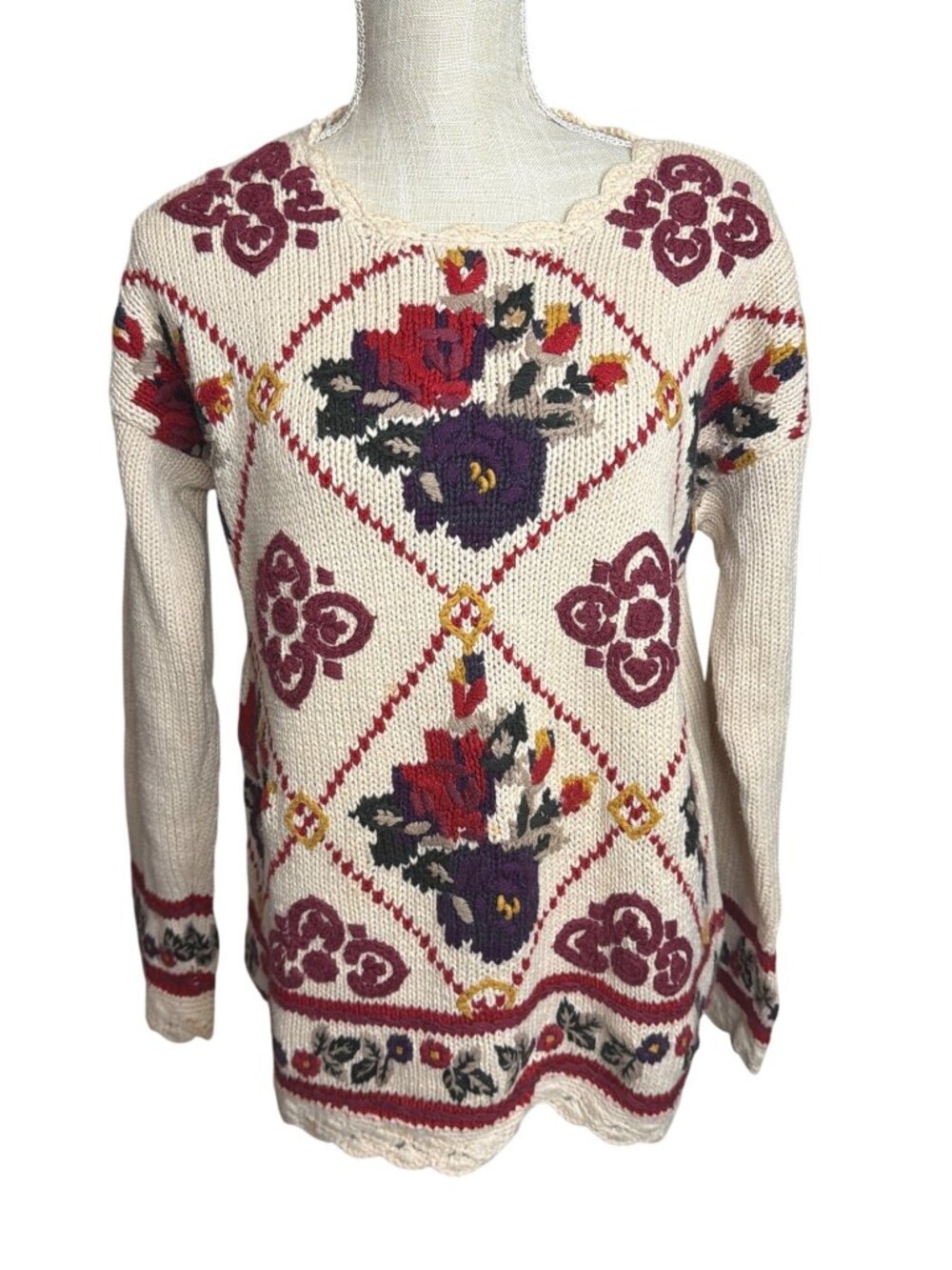 Van Heusen Hand Embroidered Floral Cottagecore Sweater Cream S Vintage Knit
